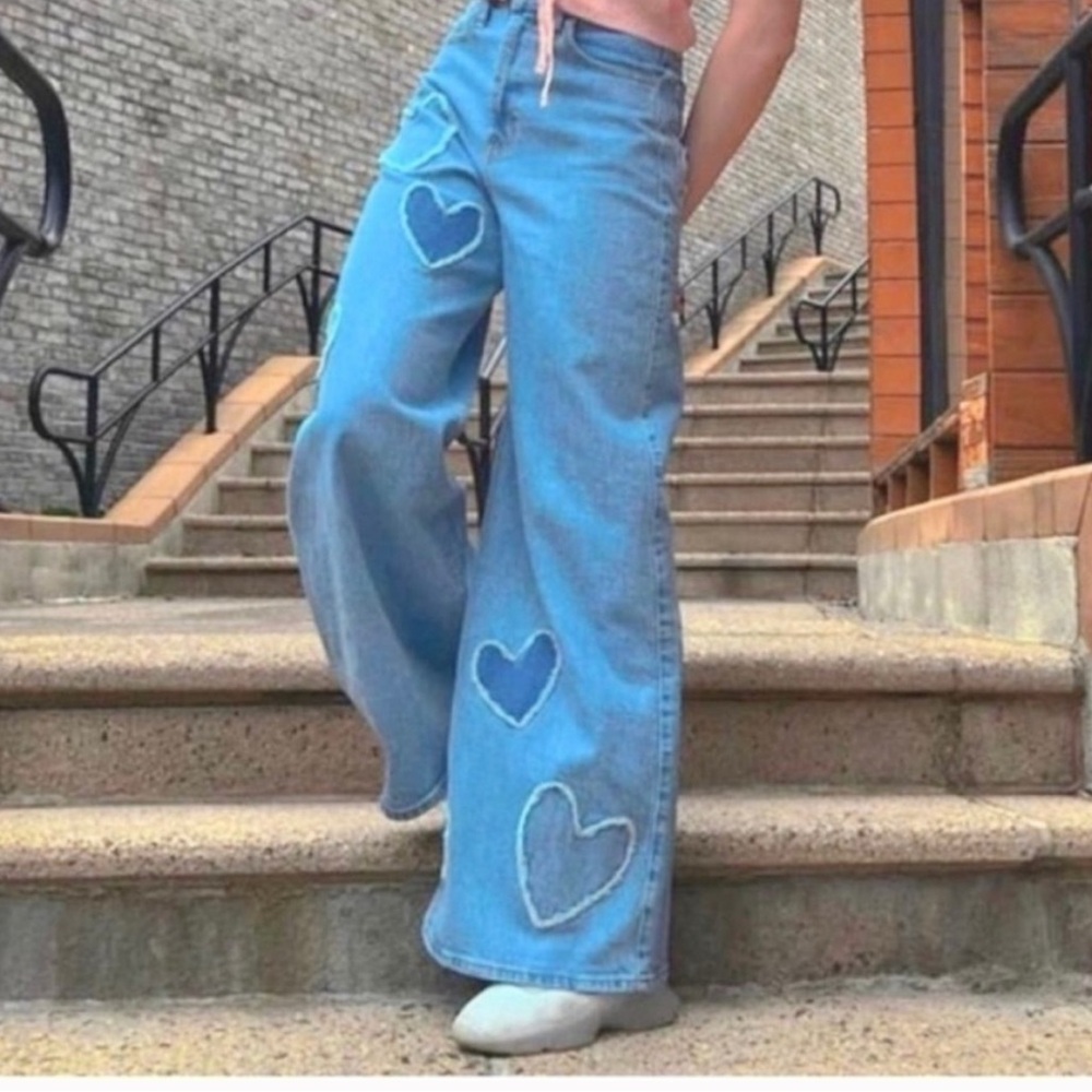 Social Tourist Heart Embroidered Wide Leg Jeans